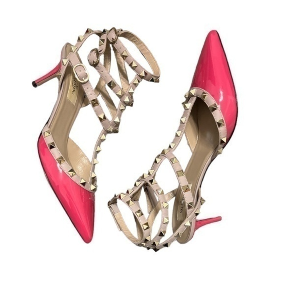 Valentino Garavani Caged Rockstud Fuchsia Pink Patent Leather Kitten Heels 38.5 - Picture 5 of 8